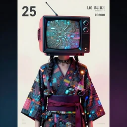 portrait of a lowpoly punk goth fashion fractal girl with a television head wearing kimono made of circuits and leds, poster art by kurt schwitters james jean liam brazier victo ngai tristan eaton