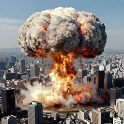 hyper detailed mushroom! clouds! formed by an h - bomb! explosion! in the middle of tokyo, raising between the buildings, highly detailed, concept art, smooth, sharp focus, gulf war photography, from akira ( 1 9 8 8 ) style, popular on artstation, unreal engine, aerial photo, nvidia graphics,.