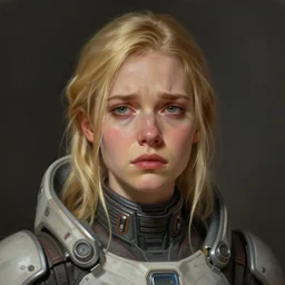 portrait of a woman by greg rutkowski, she is about 3 0 years old, pretty, blond hair with two strans around her face, slavic features, expression of sadness, helplessness and denial, she is wearing a futuristic space gear, highly detailed portrait, digital painting, artstation, concept art, smooth, sharp foccus ilustration, artstation hq.