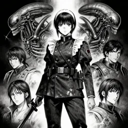 beautiful bishoujo maiden queen ww1 soldier, xenomorph, biomech, concept art, uplight, monochrome, portrait, character design, worn, dark, manga style by yoshitaka amano, tsutomo nihie, kelly mckernan, peter mohrbacher, harry clarke, takayuki takeya, machinerie, industrial warfare,