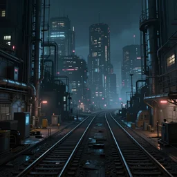 cyberpunk industrial site. cyberpunk factories. cyberpunk city backdrop. night. rail tracks with neon edges. lights. cyberpunk industrial area. digital render. digital painting. beeple. noah bradley. cyril roland. ross tran. trending on artstation