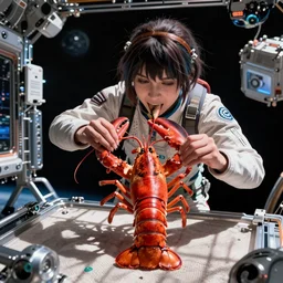 aloy from the horizon zero dawn videogame eating a whole lobster in the international space station