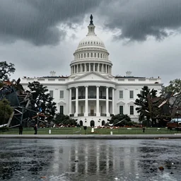 washington during tsunami, rain, thunderstorm, destruction, destroyed white house, destroyed capitol, collapsed washington monument, hyperdetailed, artstation, cgsociety, 8 k