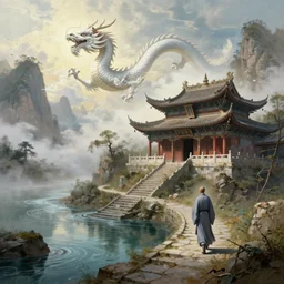 a gorgeous landscape painting by barlowe wayne, maxfield parrish and marco mazzoni. an abandoned chinese temple. a ultra long chinese white dragon is flying through the clouds and mist among the mountains. birds. light effect. a lonely chinese grey blue monk walks on the winding stone steps, 3 d, octane render, turbulent blood lake, 8 k.
