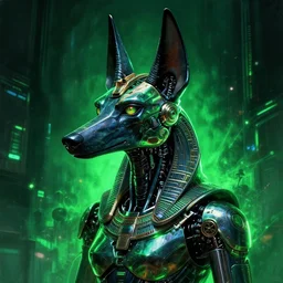 poster style, a beautiful and terrifying painting with high details a digital portrait of cyber anubis with robotic jackal head in style of green neon, cyber noir, movie atmosphere, movie lights, 8 k, light effect, rtx on, trending on artstation, by kilian eng, lee madgwick, bastien lecouffe - deharme