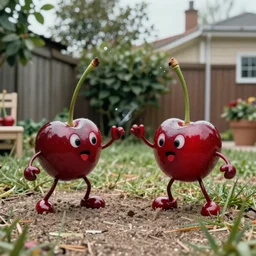 anthropomorphic cherries fighting in a backyard, film still from the movie directed by Denis Villeneuve with art direction by Salvador Dalí, wide lens