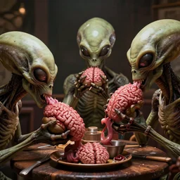 aliens brainsuckers eat brains of aztecs in a restaurant, perfect faces, fine details, studio lighting,, subtle shadows, art by katsuya terada, photorealism, hyper realism, octane render, hyper detailed, medium shot, 8 k, raw, unedited, in - frame,