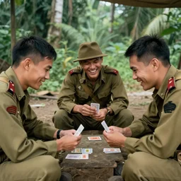 three ARVN soldiers playing cards at a base talking and laughing, Vietnam War, Jungle in the background, realistic, detailed, 4k, HDR