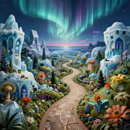 a whimsical elite masterpiece beautiful sci - fi fantasy realism matte painting of a winding path through arctic dream worlds with surreal landscape and horizon inspired by heironymous bosch's garden of earthly delights, surreal ice interiors by asher durand and cyril rolando and natalie shau, insanely detailed and intricate, elegant, northern lights, synthwave, cyberpunk
