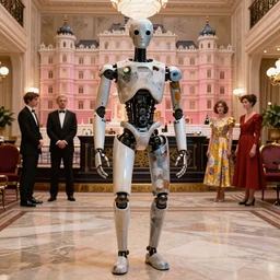 a damaged android in the lobby of a hotel, elegant, high quality, striking, high contrast, very detailed, bright colours, smooth, fluid, coherent, high quality, dramatic lighting, scene from grand budapest hotel, by frazetta and brom and mort kunstler and alex ross and magali villeneuve and mucha