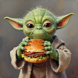 beautiful oil artwork of Yoda eating a burger