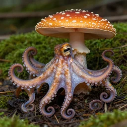 a beautiful nature photograph of a rare magic mushroom octopus with curling be tentacles