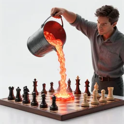 a man pouring lava from a bucket on a chessboard, highly detailed photography