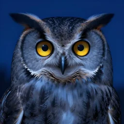 artstation, cgsociety, digital painting, blue night lighting, sharp focus, symmetrical, closeup portrait of a gray owl, bright golden eyes in the night, album cover art, highly detailed, concept art, illustration, alphonse mucha, cinematic lighting, art by greg rutkowski