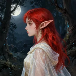 side portrait high-fantasy elf girl with detailed pointed sharp long ears, translucent off-white gown and cloak, fantasy forest landscape, moonshine, fantasy magic, feathery red hair, dark light night, intricate, elegant, sharp focus, illustration, highly detailed, digital painting, concept art, matte, art by WLOP and Artgerm and Greg Rutkowski and Alphonse Mucha, masterpiece