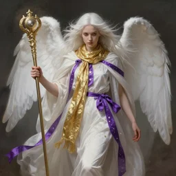 an angel with long light white hair and a gold scarf, windy, cape, purple ribbons, stars, stoic, modern maximalist fashion dress, is ( ( holding a staff ) ). light dust, magnificent, hyperdetailed, theatrical, painted by jean honore fragonard and greg rutkowski