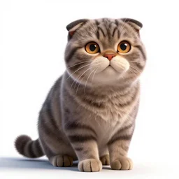 majestic scottish fold cat, stylized pixar-style 3d render, full body, isolated on a pure white background, centered, entire subject in frame, sharp focus, soft studio lighting