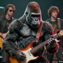 a retrofuturistic gorilla playing electric guitar, close up, quint buchholz, wlop, dan mumford, artgerm, liam brazier, peter mohrbacher, raw, featured on artstation, octane render, cinematic, intricate, 8 k