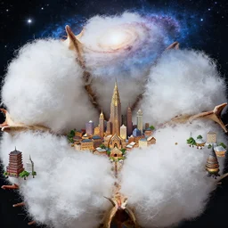 the cotton [ [ [ [ kingdom ] ] ] ] : : cotton, texture, fuzzy, detailed, intricate : : [ large buildings, small buildings, huts, skyscrapers, festival ] : : nighttime, bright galaxy in the sky, starry : : 8 k