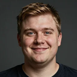 tall chunky man in his twenties with brown blond short regular haircut and round facial structure with cleft chin, straight eyebrows, big grey blue eyes, smirking, happy, slightly set back jaw, cheekbones, straight nose, wider face, slight shadow of beard, atmospheric lighting, painted, intricate, 4 k, highly detailed by charlie bowater