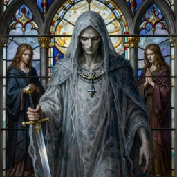 breathtaking detailed soft painting of a grim reaper in gauze dress with a scimitar blade, with long hair and piercing eyes, in an intricate medieval stained glass, rembrandt style, elegant, highly detailed, artstation, concept art, matte, sharp focus, art by tom bagshaw, luis royo and greg rutkowski