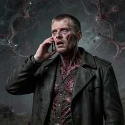 Portrait of Igor Ivanovich Strelkov while he is calling for total war, photo-realistic, 2K, highly detailed, bodyhorror by H.R.Giger, tends to have fractal structure