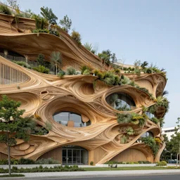 tectonics flowy fluid facade with wooden and vegetation