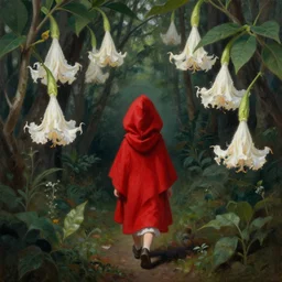 little red riding hood walking through a dark forest, surrounded by brugmansia trees with white flowers, painting