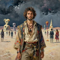 portrait of a man dressed for the burning man festival. in the background, the desert of salt with strange grotesque sculptures for the burning man. dark clouds. painting by ciurlionis, gauguin, rene magritte, jan van eyck, max ernst, remedios varo, monet, odilon redon, gustave moreau, arnold bocklin, agnes