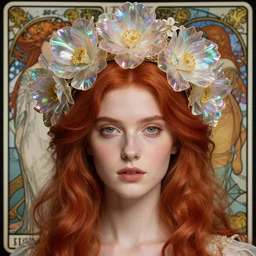 redhead woman, rococo and art nouveau, iridescent diaphanous refractive and reflective flower crown, tarot card, highly detailed, deep focus, elegant, smooth, sharp focus, ultra realistic, 8 k, art by artgerm and alphonse mucha, maxfield parrish, james jean, yoji shinkawa, odilon redon, gaston bussiere, eugene grasset, janis rozentals