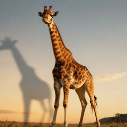 a low angle photo of a cat giraffe hybrid, at the golden hour, sunset, sunrise, warm lighting, strongshadows, photo by slim aarons, award winning