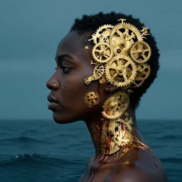 side profile of a black woman :: in ocean :: clockwork details :: gold :: blood and horror ::  by vikings and Sandra Chevrier