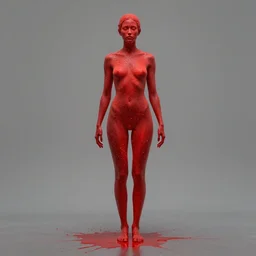 full body of a woman in the shape of red paint with glowing particles, artwork by guy denning and charlie bowater,