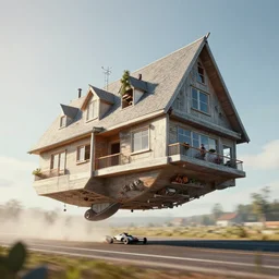 Alexander Jansson Style, flying house Modernist architecture, in a race competition, ealistic, Many Details, Ultra Detailed, Octane Render, Real Engine 5 Cinematic, Realistic, Intricate Detail, Finely Detailed, Small Details, Extra Detail, Extra Detail, Extra Detail, Extra Detail More details, tiny details, high resolution, 3D, PBR, path tracing, volumeric lighting, octane render, Arnold Render, 8k