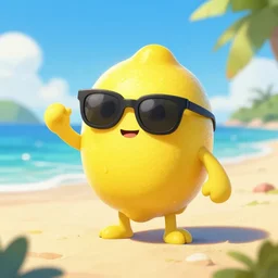 a lemon character wearing sunglasses on the beach, artstation