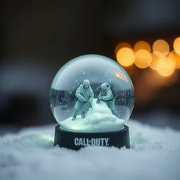 snow globe with call of duty level and operators inside, depth of field, close up, bokeh
