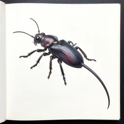 Insect like jaguar, character design sheet, Monster Hunter Illustrations art book, dark colored beetle exoesqueleton, extremely long and thin tail, Moebius, Greg Rutkowski, Zabrocki, Karlkka, Jayison Devadas, Phuoc Quan, trending on Artstation, 8K, ultra wide angle, zenith view, pincushion lens effect.