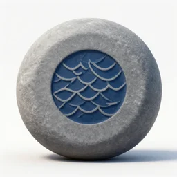 videogame asset, a gray round pebble with a dark blue scales symbol etched in the middle, unreal engine 5, videogame, artstation.