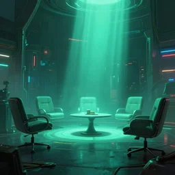 concept art of cyberpunk 2 0 7 7 environment, few chairs, neon, by marta leydy, highly detailed, 8 k, hdr, studio, matte painting, digital illustration, artstation, turquoise - green soft glowing volumetric light