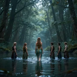 forest nymph rising from the water. view from behind, wide angle view, back view. nuri iyem, james gurney, james jean, greg rutkowski, anato finnstark. trending on artstation, starlight, and enchanted dreams. instagram photo shoot, sigma 3 5 mm, award winning photography, cinematic, barbarian