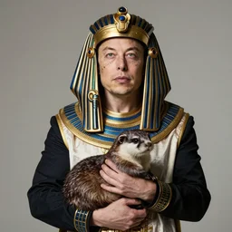 Epic portrait of the intellectual Elon Musk dressed up as Cleopatra while holding a muskrat in his arms