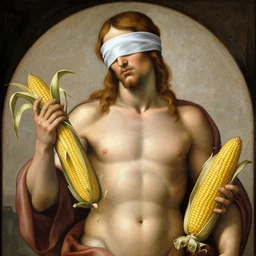 michelangelo painting of blindfolded!!!!! jesus christ holding a cornucopia