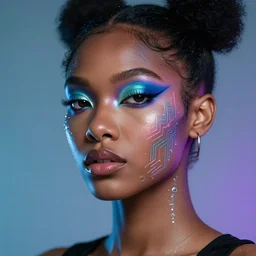 a woman with a futuristic make - up on her face, cyberpunk art by chinwe chukwuogo - roy, instagram, afrofuturism, futuristic, y 2 k aesthetic, circuitry
