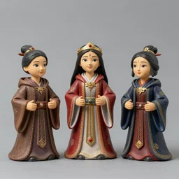 the hyness hand puppet with the three mage - sisters jhand puppets and the replica of the jambastion, photorealistic