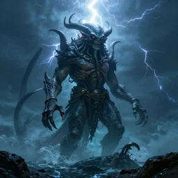 Cthulhu rising from the ocean, lightning, trending on Artstation