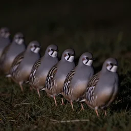 a row of fat bearded reedlings, at night, dark, soft low light
