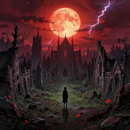 abandoned bloodborne old valley with a obscure person at the centre and a ruined gothic city in the background, trees and stars in the background, falling red petals, epic red - orange moonlight, perfect lightning, wallpaper illustration by niko delort and kentaro miura, 4 k, ultra realistic