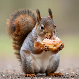A really fat squirrel eating a donut, 4K, highly detailed, photo
