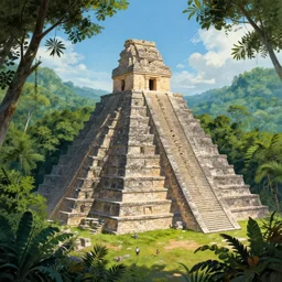 a spectacular imax view of the beautiful ruins of a mayan temple in the jungle forest of yucatan, art by federico pelat and greg rutkowski and james gurney, hyperrealism
