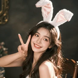 young woman smiling at camera,, showing peace sign with her right hand, head tilted to the right, bunny ears head - piece, interior shot